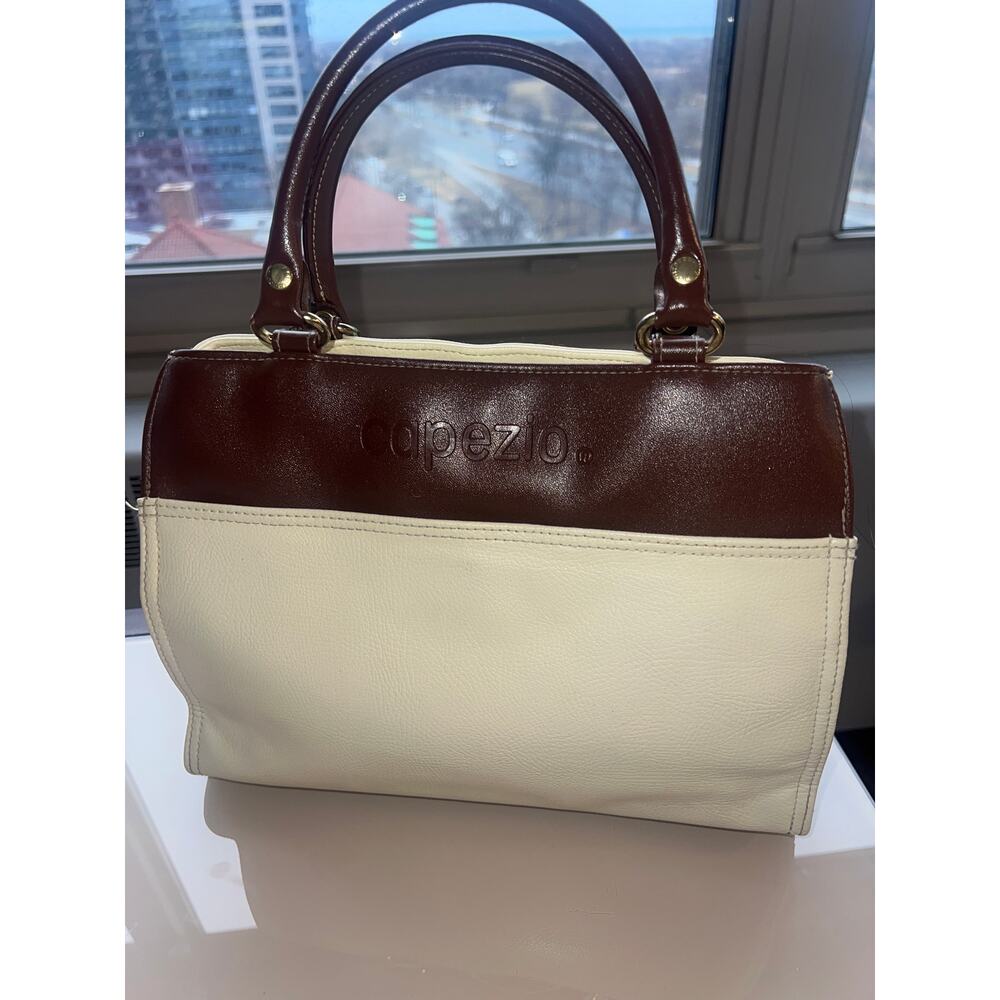Vintage Capezio Faux Leather Satchel Top Handle Carryall in Beige & Brown